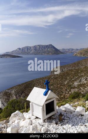 Telendos Island from Aghios Fotis Monastery, Kalymnos, Dodecanese islands, Greece. Stock Photo