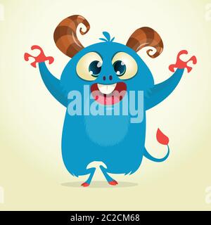 Cartoon blue cute monster waving hands excited. Vector monster character Stock Vector