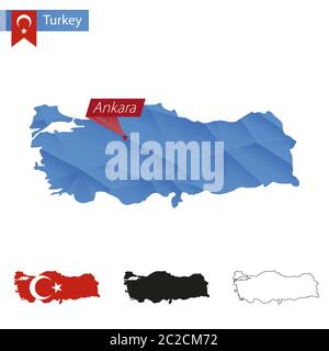 Turkey blue Low Poly map with capital Ankara, versions with flag, black and outline. Vector Illustration. Stock Vector