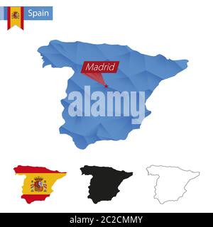Spain blue Low Poly map with capital Madrid, versions with flag, black and outline. Vector Illustration. Stock Vector