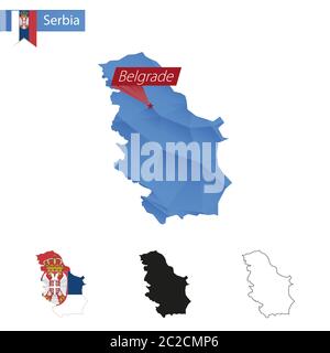 Serbia blue Low Poly map with capital Belgrade, versions with flag, black and outline. Vector Illustration. Stock Vector