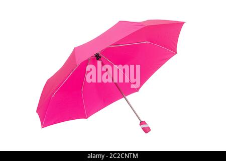 Umbrella isolated. Close-up of beautiful open pink umbrella isolated on a white background.  Fashionable female accessories for the rain season. Stock Photo