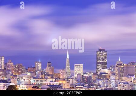 Downtown skyline of San Francisco at night, California, United States.