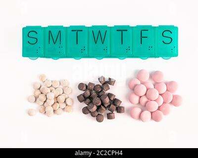 top view of pill box and pills isolated on white Stock Photo