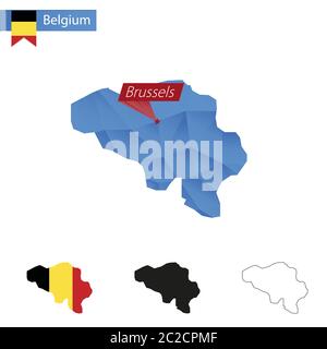 Belgium blue Low Poly map with capital Brussels, versions with flag, black and outline. Vector Illustration. Stock Vector