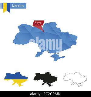 Ukraine blue Low Poly map with capital Kiev, versions with flag, black and outline. Vector Illustration. Stock Vector