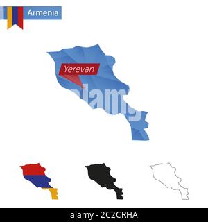 Armenia blue Low Poly map with capital Yerevan, versions with flag, black and outline. Vector Illustration. Stock Vector
