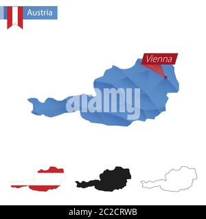 Austria blue Low Poly map with capital Vienna, versions with flag, black and outline. Vector Illustration. Stock Vector