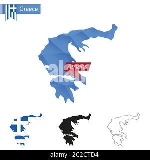 Greece blue Low Poly map with capital Athens, four versions of map. Vector Illustration. Stock Vector