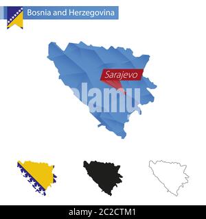 Bosnia and Herzegovina blue Low Poly map with capital Sarajevo, versions with flag, black and outline. Vector Illustration. Stock Vector