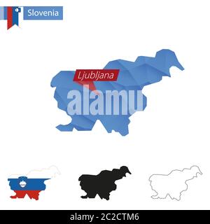 Slovenia blue Low Poly map with capital Ljubljana, four versions of map. Vector Illustration. Stock Vector