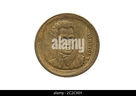 Greek old 20 drachmas coin dated 1990 obverse with a portrait image of Dionysios Solomos cut out and isolated on a white background Stock Photo