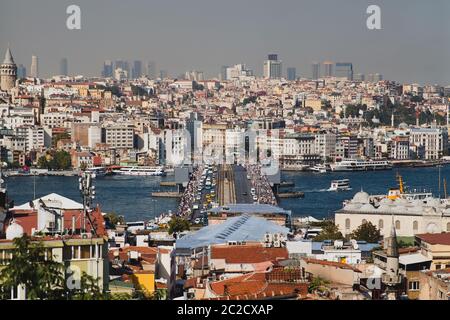 Panoramic shot of the Galata Bridge on the Golden Horn connecting Karakoy and Eminonu, Istanbul, Turkey, traffic during day time, from above Stock Photo