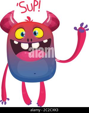 Funny cartoon monster saying SUP and waving hand Stock Vector