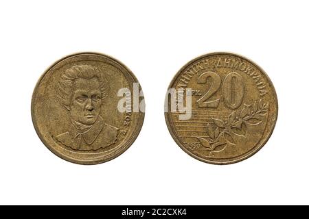 Greek old 20 drachmas coin dated 1990 obverse and reverse with a portrait image of Dionysios Solomos cut out and isolated on a white background Stock Photo