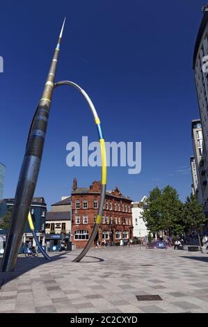 'Alliance' sculpture by Jean-Bernard Metais outside the Central Library on Hayes Place, Cardiff, Wales. Stock Photo