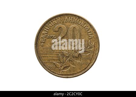 Greek old 20 drachmas coin dated 1990 reverse side the front having a portrait image of Dionysios cut out and isolated on a white background Stock Photo