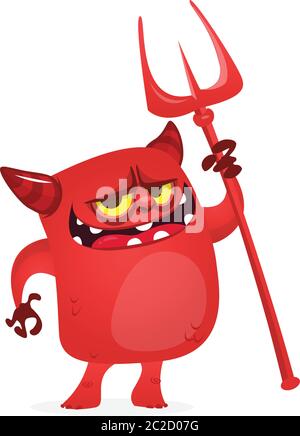 Cute devil cartoon character holding trident or pitchfork. Halloween illustration Stock Vector