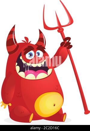 Cute devil cartoon character holding trident or pitchfork. Halloween illustration Stock Vector
