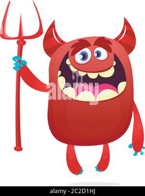 Cute devil cartoon character holding trident or pitchfork. Halloween illustration Stock Vector