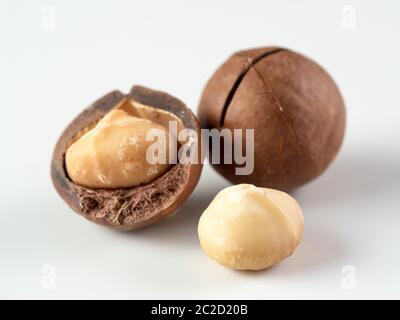 Three macadamia nuts isolated on white Stock Photo