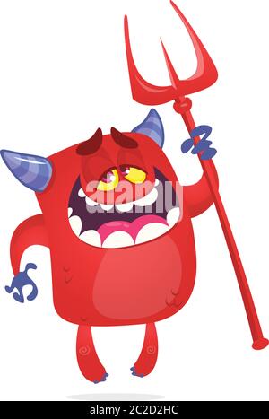 Cartoon illustration of funny red devil character with horns and trident. Vector Stock Vector