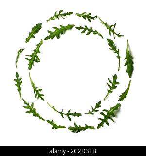 Pattern from arugula in round frame isolated Stock Photo