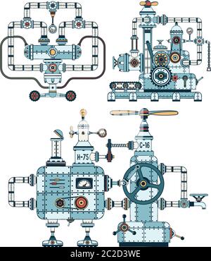 Intricate metal machines with pipes Stock Vector