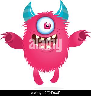 Cute cartoon monster  with horns and with one eye. Smiling monster emotion with big mouth. Halloween vector illustration Stock Vector