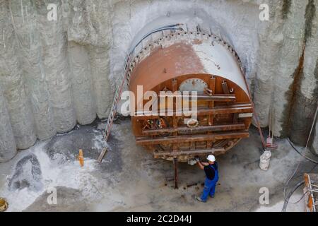 Essen, Ruhr Area, North Rhine-Westphalia, Germany - Construction of a new sewer on the Berne, entrance of the tunnel boring machine into the entrance Stock Photo