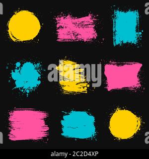 Paint brush stains, strokes, splatters and blots of different shapes and colors for frame, banner, label, text box or other art design. Stock Vector