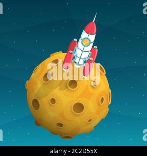 Rocket space ship is on yellow planet with craters Stock Vector