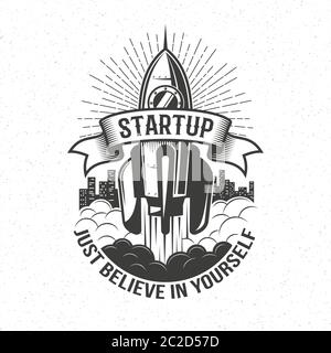 Startup retro logo - rocket launch in the sky Stock Vector
