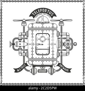 Fantastic metal steampunk flying machine teleportation Stock Vector