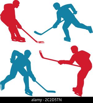 Red and blue silhouettes of hockey players Stock Vector