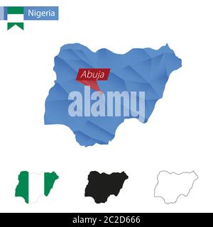 Nigeria blue Low Poly map with capital Abuja, four versions of map. Vector Illustration. Stock Vector