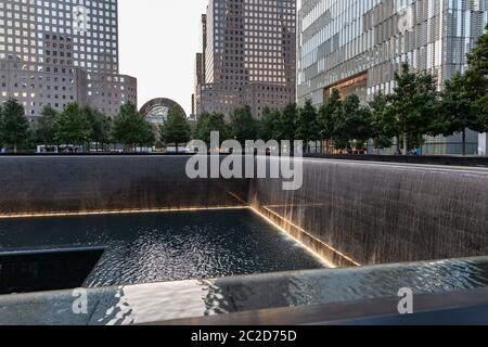 New York City / USA - AUG 22 2018: North pool of The National September 11 Memorial and Museum in Lower Manhattan Stock Photo