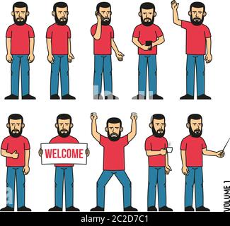 Set of 10 poses of a bearded man Stock Vector