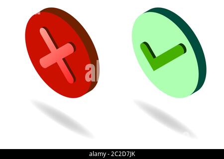 Ticks and crosses isometric vector illustration. Three-dimensional placemark green OK and red X. placemarks for graphic design. Buttons for voting and Stock Vector