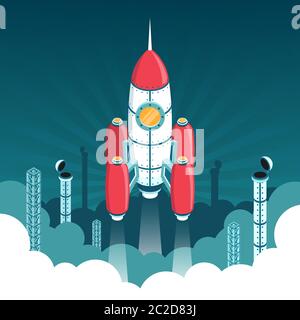 Launch of 3d isometric rocket into space Stock Vector
