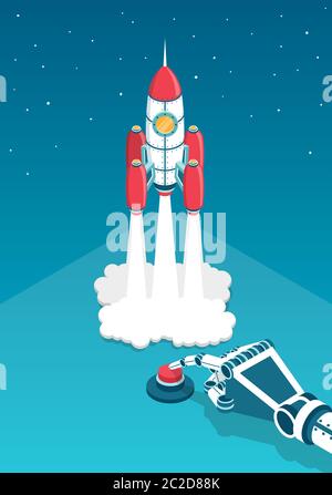 Mechanical hand presses a finger on the red button and the rocket starts Stock Vector