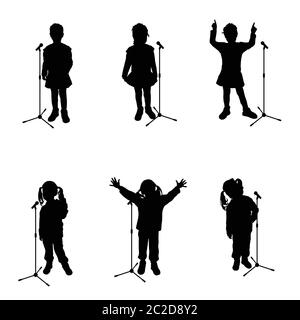 child with microphone singing black silhouette on white Stock Vector