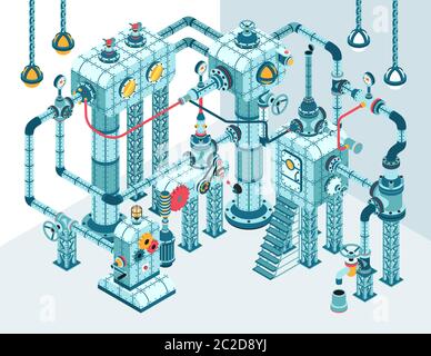 Complex 3D isometric industrial abstract intricate machine Stock Vector