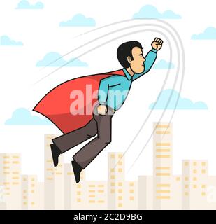 Super hero flying to rescue. Red cape. Hand drawn. Stickman cartoon ...