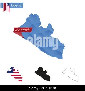 Liberia blue Low Poly map with capital Monrovia, versions with flag, black and outline. Vector Illustration. Stock Vector