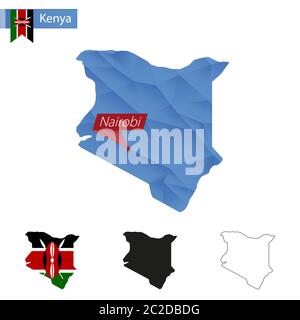 Kenya blue Low Poly map with capital Nairobi, versions with flag, black and outline. Vector Illustration. Stock Vector