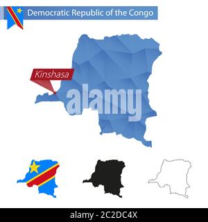 Democratic Republic of the Congo blue Low Poly map with capital Kinshasa, four versions of map. Vector Illustration. Stock Vector