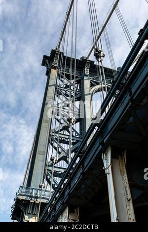 Brooklyn, NY / USA - JUL 31 2018: Looking up at details of Manhattan Bridge