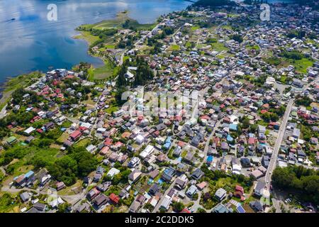 Drone fly over Kawaguchiko in Japan Stock Photo