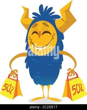 Funny cartoon monster holding tw discount bags from shopping. Vector illustration isolated Stock Vector